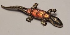 Ancien Bijou Broche SALAMANDRE  Lézard Geko Cuivre Lucite Rose Strass # H4