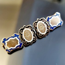 Broche Napoléon Iii Doublée Or Guilloché Émail Blanc Bleu Et Noir  50x12mm