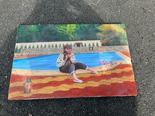 Huile contemporaine signée – femme au chat près d’une piscine