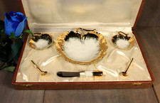 Antique French Limoges Porcelain Butter Plate Dish Gold Gilt Knife Condiment Set