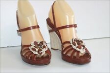 ACCESSOIRE  DIFFUSION Sandales Compensées Cuir Marron Talons Crochet T 38 TBE