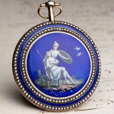 ENAMEL PAINTING Gold & Pearls VERGE FUSEE Antique Geneva Pocket Watch -working