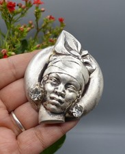 Broche Vintage Tête Africaine - Métal tons Argenté et strass - Old Brooch