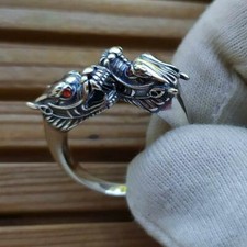 Bague Viking Tête de Dragon en Argent Sterling 925 avec Œils Grenat Rouge 