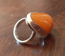 Belle ancienne Grande Bague Argent Massif et Ambre - Taille 60