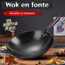 Wok asiatique traditionnel en fer forgé avec poignées en bois - 30/32/34/36/40cm