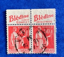 France 1934  -  Paire  type PAIX 50 c  rouge avec bandeau publicitaire BLEDINE