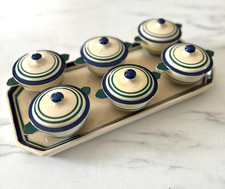 6 French Vintage Quimper Chocolate Pots on a Tray