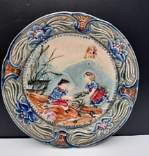 Assiette en BARBOTINE Ø 20 cm - n° 2 Décor Enfant à la Balancelle Faïence XIXème
