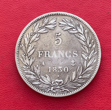Belle monnaie de 5 Francs Louis Philippe Ier, tête nue sans le "I" 1830 A. TB