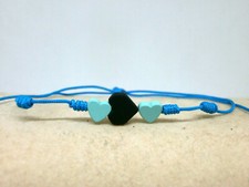 Bracelet " 3 Coeurs " 1 Noir 2 Vert Menthe En Hematite- Fil Turquoise