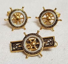 PARURE PINCE CRAVATE BOUTONS MANCHETTE VINTAGE OR TOLÈDE BARRE ROUE BATEAU # D4