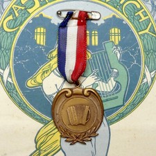 French Antique Medal. Music Contest. Accordion, Accordéon. Large Pendant. Ribbon