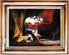 Chats - Peinture À L'Huile Peint à la Main Cadre Signé 47x37cm Art Déco Image