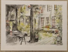 Aquarelle Originale Cour Intérieure Signée Fresco 