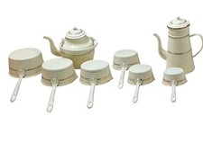 ANCIEN SERVICE CASSEROLE ÉMAILLÉE BOUILLOIRE THEIERE INTÉRIEUR MOUCHETÉ