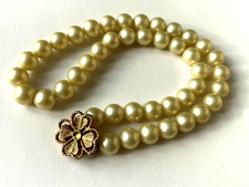 Beau COLLIER VINTAGE Fausse PERLE 10mm Fermoir Trèfle à 4 feuilles 44,5cm !