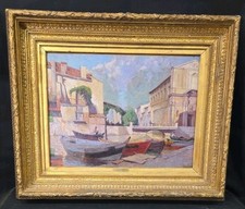 Tableau huile Vue de Martigues animée Pêcheurs Signé Léon FABRE début XXème 