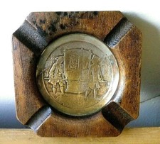 Ancien cendrier bois fond laiton gravé chaise à porteur XVIIIè