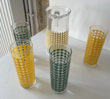 Service à orangeade en verre A Carreaux Jaune Vert pichet et 4 verres Déco