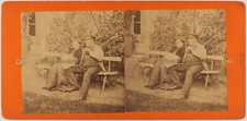 Couple assis sur un banc Jardin maison c1865 Photo Stereo Albumine Vintage abimé