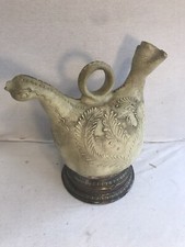 Ancien Pichet Terre Cuite Forme Poule + Socle Laiton Décoration Vintage