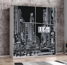 Armoire À Portes Coulissantes Blanche Motif NEW YORK 170Cm