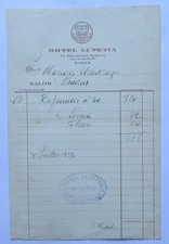 Ancienne facture de restaurant 1933 - Hôtel LUTECIA 43, Boulevard Raspail PARIS