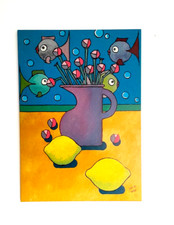 Acrylique sur toile, nature morte , B Jost , 2025 , 70 x 50 cm , côté AKOUN .