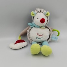 Doudou hérisson Gaston blanc beige bleu vert hochet BABY NAT - 30314
