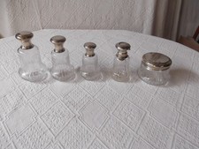 Nécessaire de toilette ancien en cristal et argent, 5 pièces