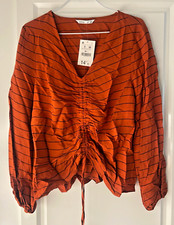 LEFTIES crop top orange rayures noir col V froncé devant manches élastiquées T S