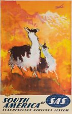 Nielsen, Original Travel Poster, South America, SAS, Plane, Aviation, Llama 1960