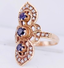 Antique Empire Art-Nouveau Femmes Bague 14k Or Diamants Et Saphir c1890