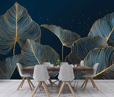 Papier Peint Intissé Panoramique Feuilles Bleu Or Modern XXL Chambre et Salon 9