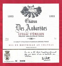 B106Etiquette Label LUSSAC-ST EMILION CHÂTEAU DES AUBARÈDES SUBLETT PUISSEGUIN
