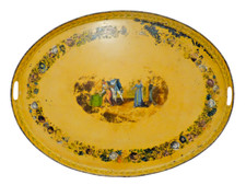 30" Antique 19th C. French Victorian Hand Painted Tole Metal Toleware Oval Tray