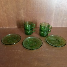 Tasses À Café Et Soucoupes Vereco Vert Décor Fleur, Vintage, 1970