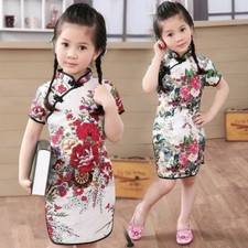 Enfants Filles Qipao Robe Princesse Chinois Traditionnel Coton Lin Floral Robe