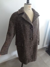 38 40 MANTEAU VESTE LONGUE 100% PUR LAINE VIERGE CHIC QUALITE +++ CHEVRONS POCHE