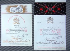 2 Etiquettes vin Mouton Rothschild millésimes 1958 et 1959 Bordeaux médoc 75 cl