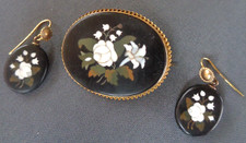 Pietra Dura Mosaïque Booch Earrings Set Victorien Antique 15ct Or Floral c1880s