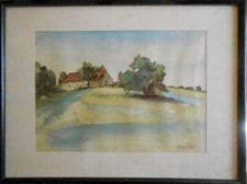 Aquarelle signé Tilloy fermette Berrichonne Indre Sous verre painting tableau 