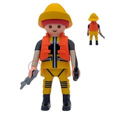 Playmobil figurine de pêcheur jaune main cassée gilet couteau poisson bateau