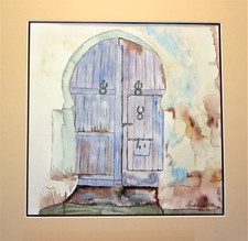 Peinture Aquarelle " Vieille Porte En Tunisie " signée Madeleine CB