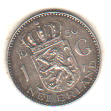 Nederland, Pays-Bas : pièce de 1 gulden, florin, de 1956, argent