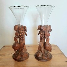 Paire de Coupes Cornets Forêt Noire Bois Sculpté avec Perdrix et Verre 25 cm 