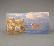 Peinture Ancienne Huile Paysage Marin Pêche, Bord De Mer Rocher. Tableau Signé