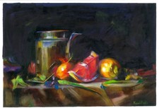 Belle nature morte : pichet et fruits , tableau original 20 х 30  peinture huile