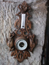 BAROMETRE ANCIEN BOIS SCULPTÉ STYLE FORET NOIRE THEME DE CHASSE THERMOMETRE